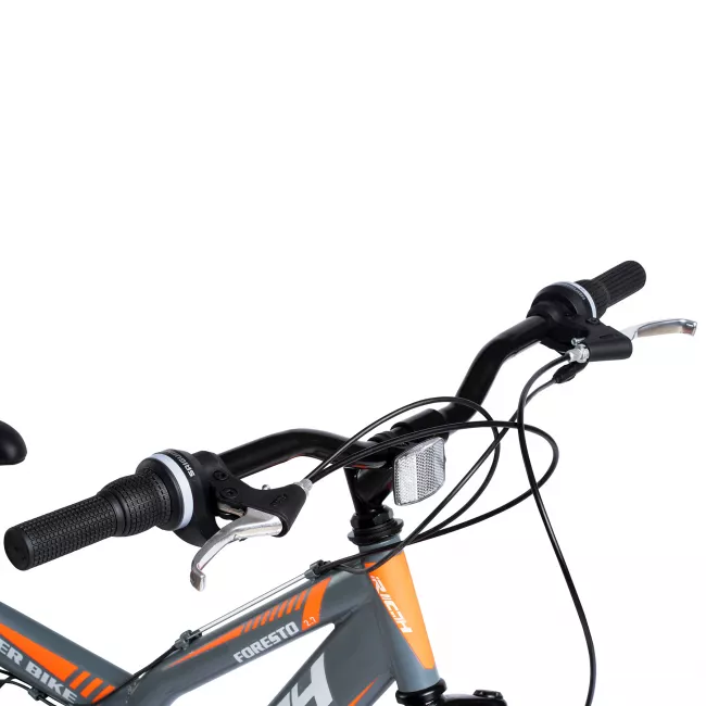 Bicicleta MTB-FS, Saiguan Revoshift 18 Viteze, Roti 27.5 Inch, Frane pe Disc, RICH R2750D, Cadru Gri cu Design Portocaliu/Alb 8