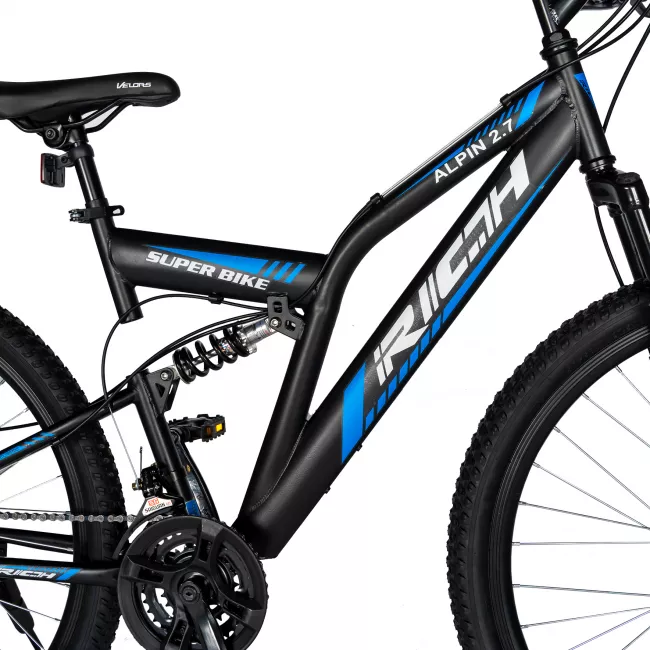 Bicicleta MTB-FS, Saiguan Revoshift 18 Viteze, Roti 27.5 Inch, Frane pe Disc, RICH R2750D, Cadru Negru cu Design Albastru 5