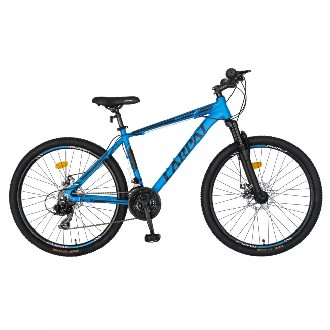 Bicicleta MTB-HT, 21 viteze, Roti 27 Inch, Cadru Aluminiu 6061, Frane pe Disc, Carpat C2758C, Albastru cu Design Negru 1