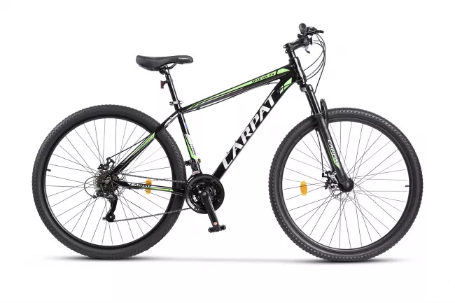 Bicicleta MTB-HT Carpat SPARTAN C2958B, Schimbator Index HE-M50 7 viteze, Roti 29 Inch, Cadru Aluminiu, Frane pe Disc, Negru/Argintiu/Verde 1