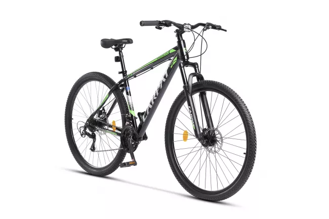 Bicicleta MTB-HT Carpat SPARTAN C2958B, Schimbator Index HE-M50 7 viteze, Roti 29 Inch, Cadru Aluminiu, Frane pe Disc, Negru/Argintiu/Verde 2