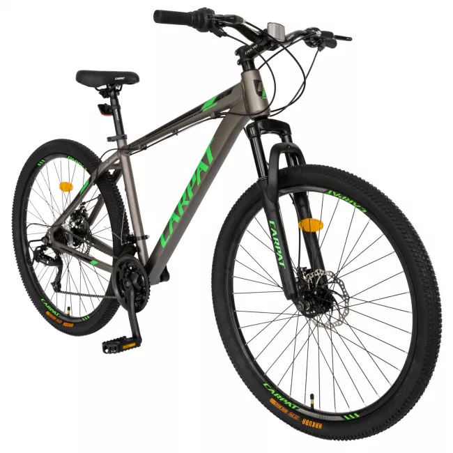 Bicicleta MTB-HT Montana, Manete Schimbator Secventiale, 21 Viteze, Cadru Aluminiu, Roti 29 Inch, Frane pe Disc, Carpat C2999A, culoare Gri/Negru/Verde 3