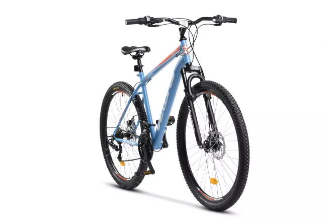 Bicicleta MTB-HT, Schimbator Saiguan, 18 Viteze, Roti 27.5 Inch, Frane pe Disc, Velors Vulcano V2709A, Albastru cu Design Portocaliu 2