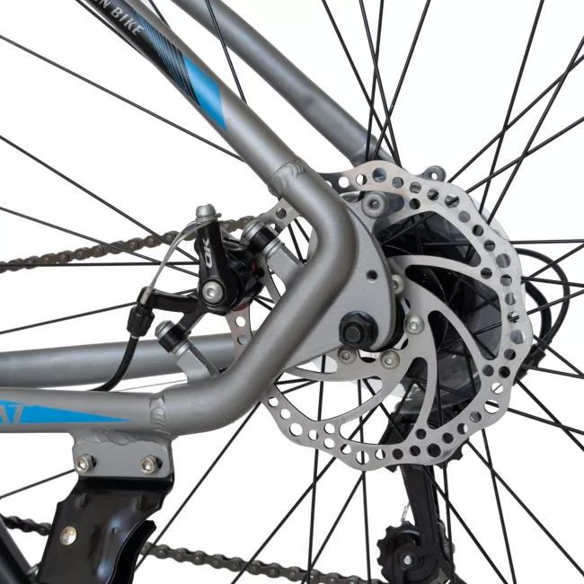 Bicicleta MTB-HT Carpat Invictus C2757C, Schimbator Shimano Tourney, 21 Viteze, Cadru Aluminiu, Roti 27.5 Inch, Frane pe Disc, Gri cu Design Albastru/Negru 4