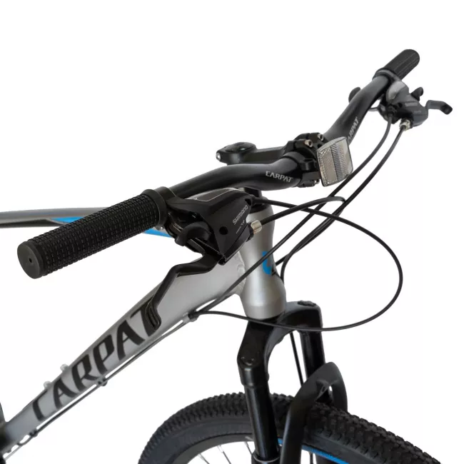 Bicicleta MTB-HT Carpat Invictus C2757C, Schimbator Shimano Tourney, 21 Viteze, Cadru Aluminiu, Roti 27.5 Inch, Frane pe Disc, Gri cu Design Albastru/Negru 6
