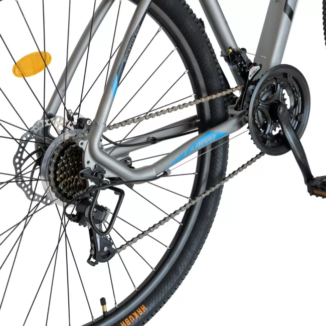 Bicicleta MTB-HT Carpat Invictus C2957C, Schimbator Shimano Tourney, 21 Viteze, Cadru Aluminiu, Roti 29 Inch, Frane pe Disc, Gri cu Design Albastru/Negru 3