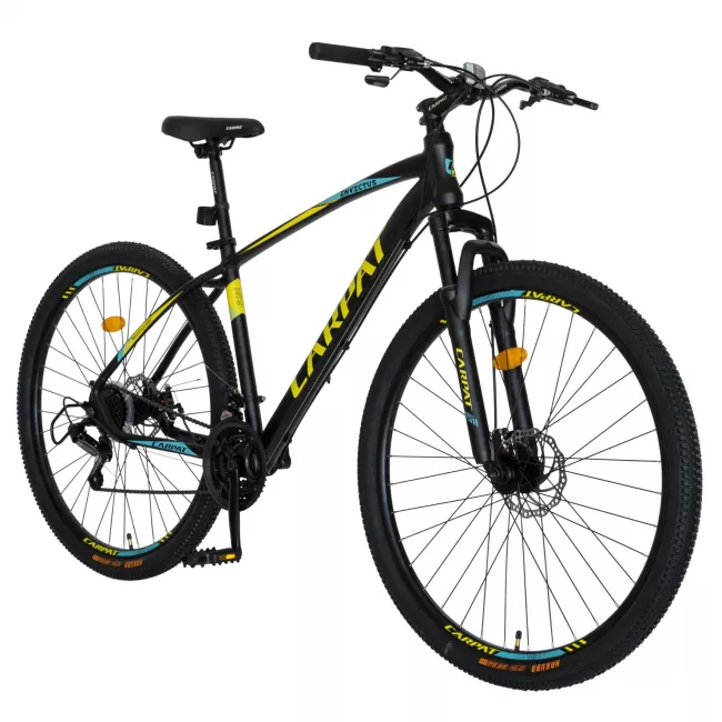 Bicicleta MTB-HT, Shimano Tourney TY-300, 21 Viteze, Cadru Aluminiu, Roti 29 Inch, Frane pe Disc, Carpat CSC29/57C, Negru cu Design Galben/Albastru 2