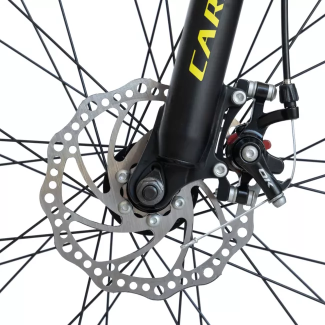 Bicicleta MTB-HT, Shimano Tourney TY-300, 21 Viteze, Cadru Aluminiu, Roti 29 Inch, Frane pe Disc, Carpat CSC29/57C, Negru cu Design Galben/Albastru 6