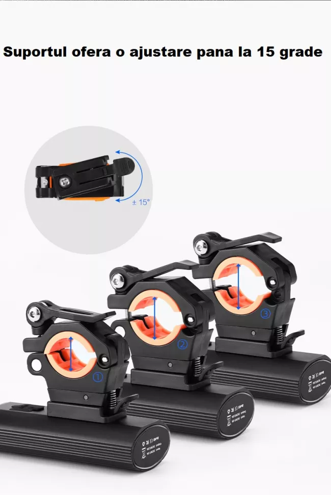 Lanterna bicicleta, incarcare USB, 3 LED-uri, 3 moduri de iluminare, negru 10