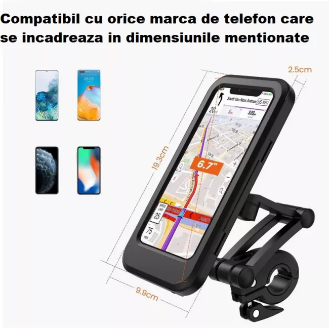 Suport telefon pentru bicicleta cu protectie si ecran tactic, negru 4
