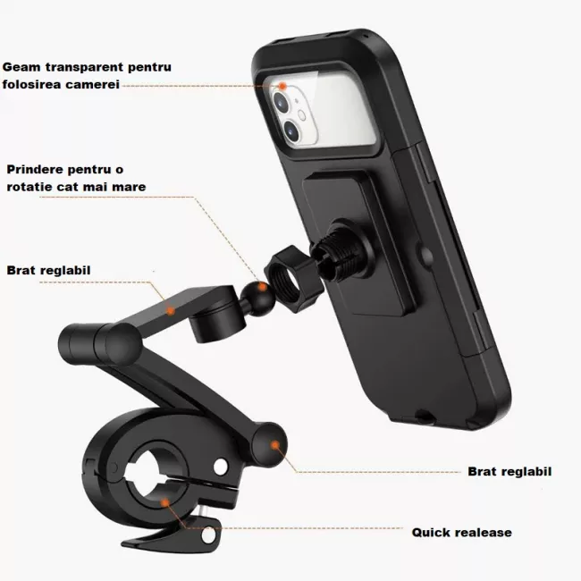 Suport telefon pentru bicicleta cu protectie si ecran tactic, negru 5