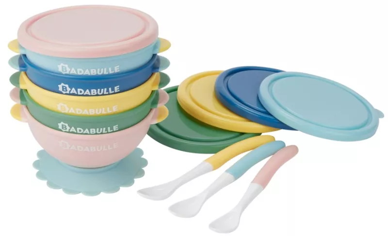 Badabulle - Set 5 boluri si 3 lingurite colorate, [],bestfam.ro