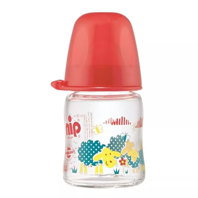 Biberon de sticla cu gat larg Girl 120 ml, tetina silicon, 0+ Nip 35066, [],bestfam.ro