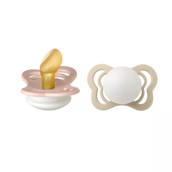BIBS - Set 2 suzete Fosforencente Couture Glow Latex, tetina anatomica, 0 luni +-Blush/Vanilla, [],bestfam.ro