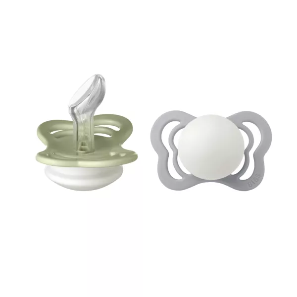 BIBS - Set 2 suzete Fosforencente Couture Glow Silicon, tetina anatomica, 0 luni +-Sage/Cloud, [],bestfam.ro