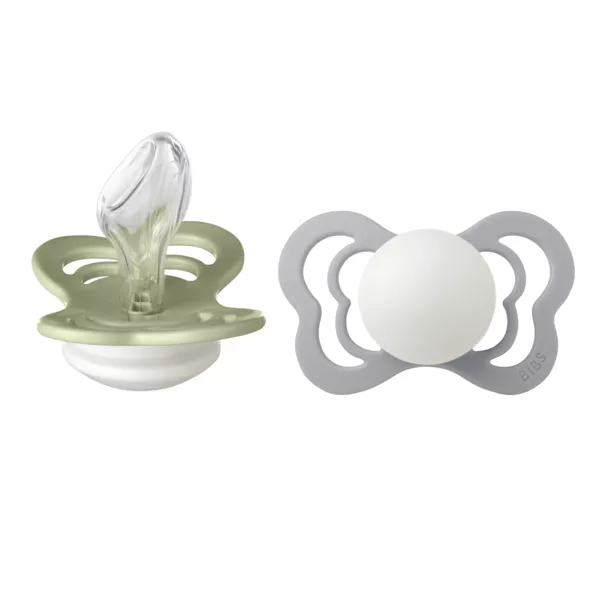 Bibs - Set 2 suzete Fosforencente Couture GLOW  Silicon, tetina anatomica, 6 luni +-Sage/Cloud, [],bestfam.ro