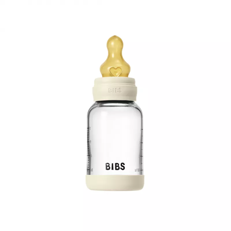 BIBS - Set complet biberon din sticla anticolici cu tetina din latex, flux lent, 120 ml, Ivory, [],bestfam.ro