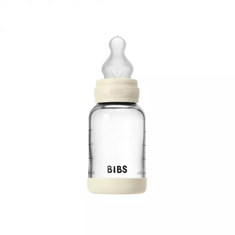BIBS - Set complet biberon din sticla anticolici cu tetina din silicon flux lent, 120 ml, Ivory, [],bestfam.ro