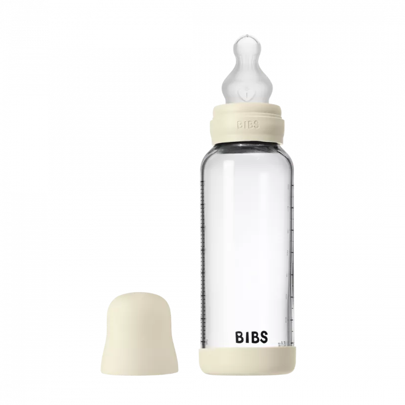 BIBS - Set complet biberon din sticla anticolici cu tetina din silicon, flux mediu, 240 ml, Ivory, [],bestfam.ro