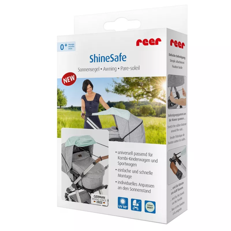 Copertina pentru protectie solara UV 50+, parasolar pentru carucior de copii, model universal, verde menta, Reer ShineSafe Mint 84223, [],bestfam.ro