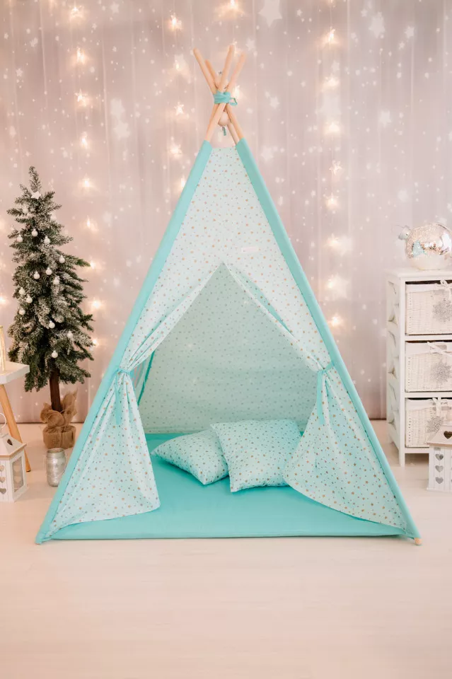Cort de joaca - Gold Stars Teepee - Mint - Maradalia Kids, [],bestfam.ro
