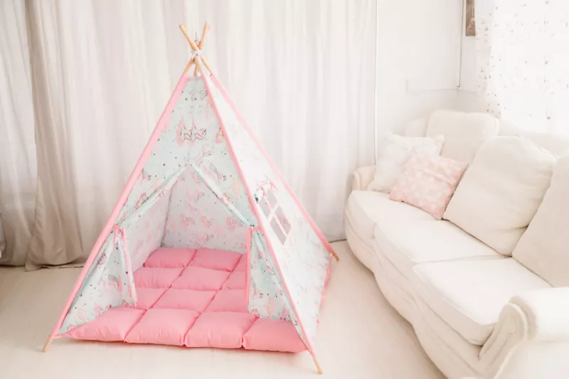 Cort de joaca teepee - Unicorn Heaven - Roz - Maradalia Kids, [],bestfam.ro