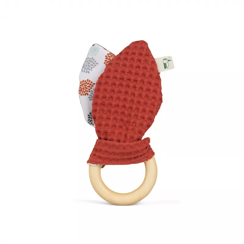 Jucarie organica cu inel de prindere din lemn si urechi din material textil, caramiziu, Gruenspecht 696-V2, [],bestfam.ro