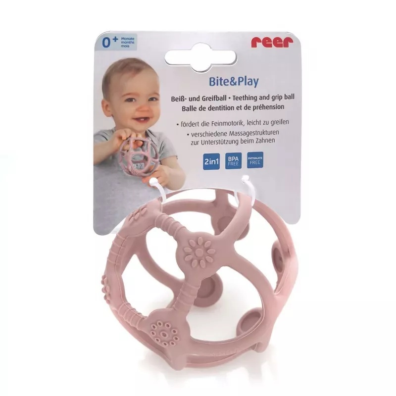 Jucarie pentru dentitie si minge 2in1, silicon, roz, 0 luni+, Reer Bite&Play 79284, [],bestfam.ro