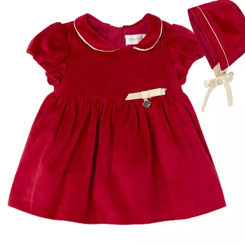 Rochie catifea + boneta - Rosu - Mayoral  1-2 luni, [],bestfam.ro