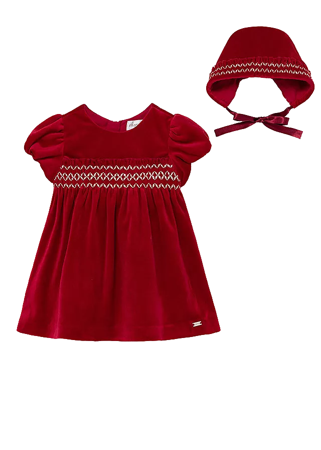 Rochie catifea si boneta - Rosu - Mayoral 4-6 luni, [],bestfam.ro