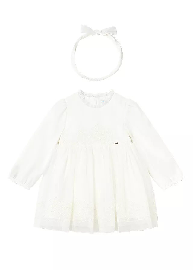 Rochie ceremonie tul brodat + bentinta - ecru - Mayoral  12 luni, [],bestfam.ro