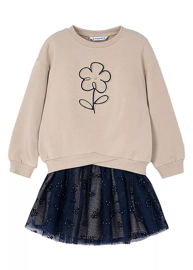 Set 2 piese - Bluza + Fusta tul - bej / bleumarin - Mayoral 7 ani, [],bestfam.ro