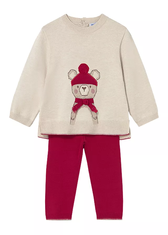 Set 2 piese - Pulover + pantaloni tricotati - bej/rosu - Mayoral   4 ani, [],bestfam.ro