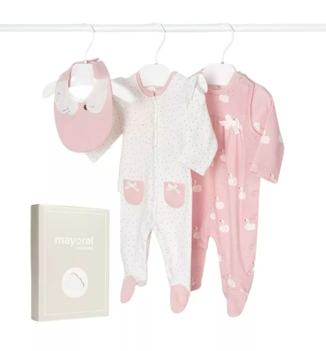 Set 2 salopete (pijamale) ECOFRIENDS - lebede / buline + bavetica - Mayoral , [],bestfam.ro