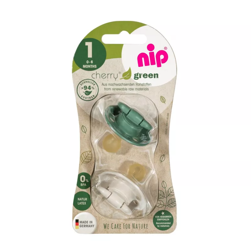 Set 2 suzete Cherry Green Boy cu tetina din latex natural, forma rotunda, cu inel, 0-6 luni, nip 38589, [],bestfam.ro