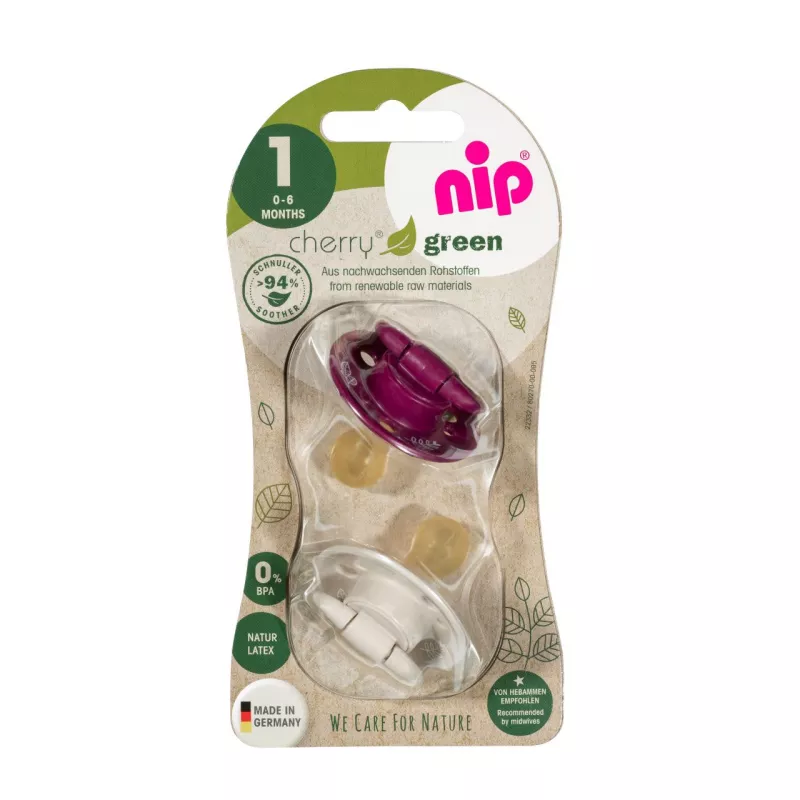 Set 2 suzete Cherry Green Girl cu tetina din latex natural, forma rotunda, cu inel, 0-6 luni, nip 38588, [],bestfam.ro