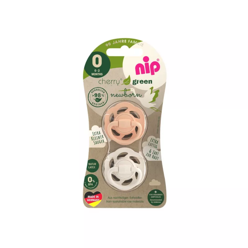 Set 2 suzete Cherry Green Newborn Girl cu tetina din latex natural, forma rotunda, cu inel, recomandate pentru nou-nascuti 0-2 luni, nip 38747, [],bestfam.ro