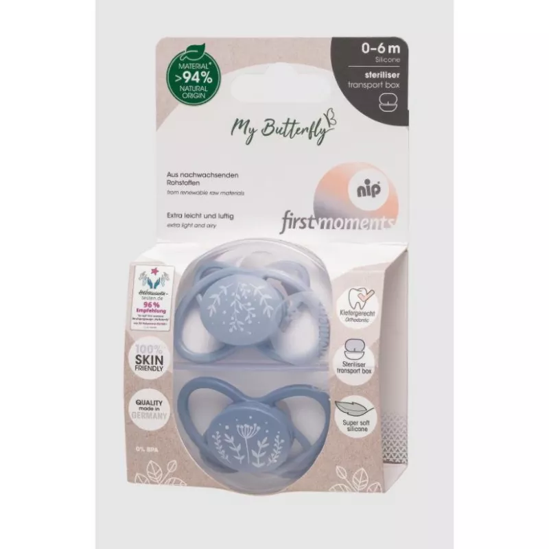Set 2 Suzete MyButterfly din silicon, forma anatomica, simetrica, tetina ortodontica flexibila, cu cutie de transport si sterilizare, 0 - 6 luni, nip first moments 31610, [],bestfam.ro