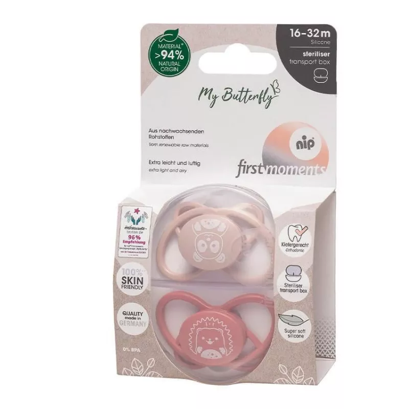 Set 2 Suzete MyButterfly din silicon, forma anatomica, simetrica, tetina ortodontica flexibila, cu cutie de transport si sterilizare, 16 - 32 luni, nip first moments 31612, [],bestfam.ro