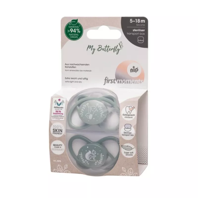 Set 2 Suzete MyButterfly din silicon, forma anatomica, simetrica, tetina ortodontica flexibila, cu cutie de transport si sterilizare, 5-18 luni, nip first moments 31611, [],bestfam.ro