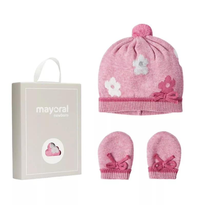 Set Roz Flori caciula si manusi pentru nou-nascut ECOFRIENDS- Mayoral   12 luni, [],bestfam.ro