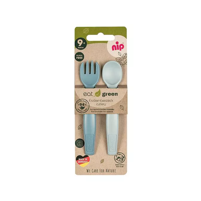 Set tacamuri bebelusi, lingurita si furculita, din materiale bio, 9 luni +, lavabile in masina de spalat vase, nip Eat Green 37102, [],bestfam.ro