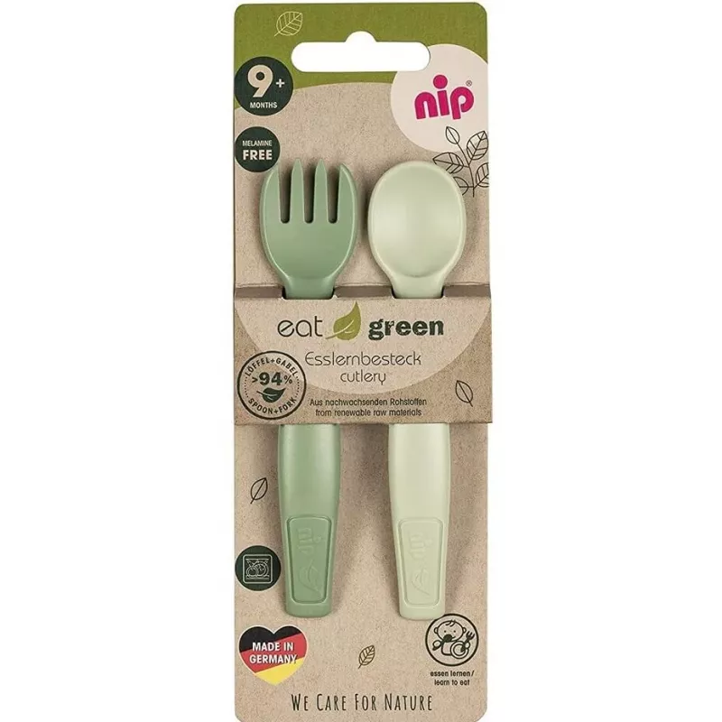 Set tacamuri Eat Green pentru bebelusi, lingurita si furculita, din plastic bio, lavabile in masina de spalat vase, 9+ luni, nip 38605, green, [],bestfam.ro