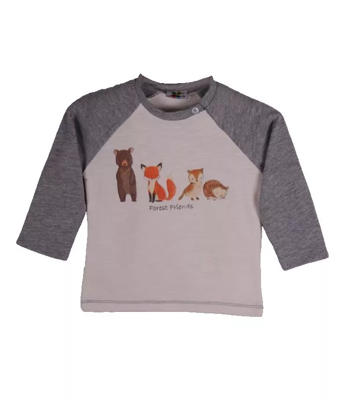 Tricou gri/bej cu maneca lunga Animale din padure 6 luni, [],bestfam.ro