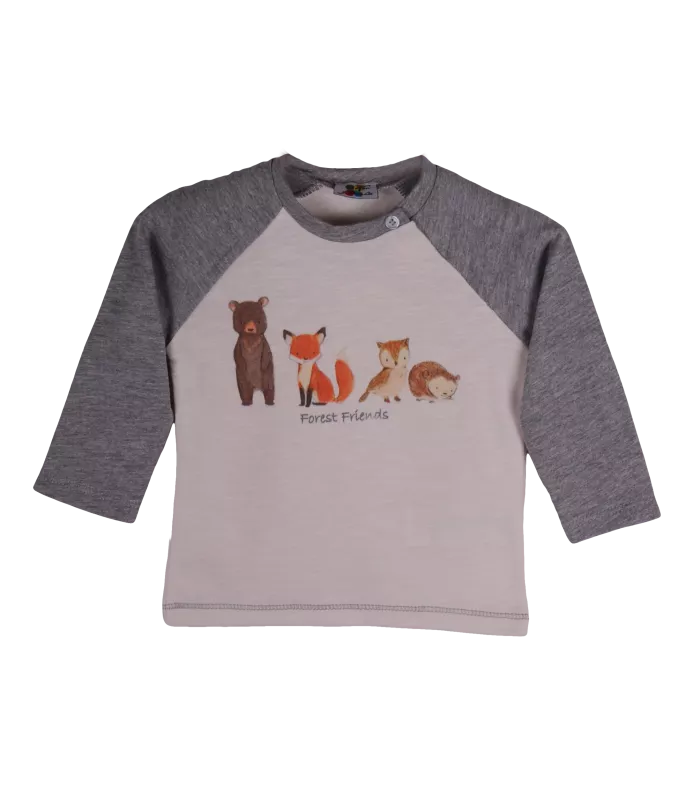 Tricou gri/bej cu maneca lunga Animale din padure 2 ani, [],bestfam.ro