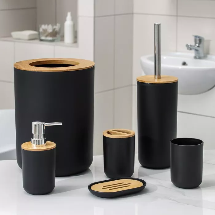 Set Elegant pentru baie format din 6 piese, ABS + lemn, culoare negru/maro, [],kalki.ro
