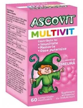 ASCOVIT MULTIVIT ZMEURA 60CP OMEGA PHARMA, [],axafarm.ro