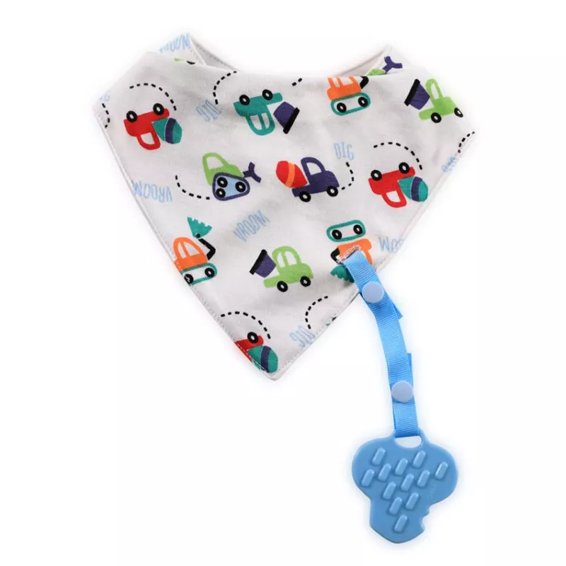 Baveta tip bandana, cu snur si jucarie dentitie, bumbac, Blue 2