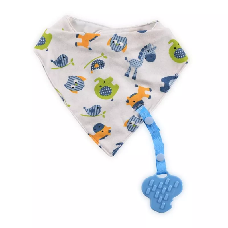 Baveta tip bandana, cu snur si jucarie dentitie, bumbac, Blue 4