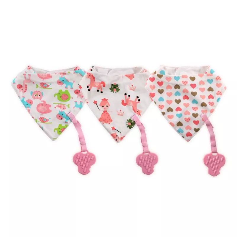 Baveta tip bandana, cu snur si jucarie dentitie, bumbac, Pink 1